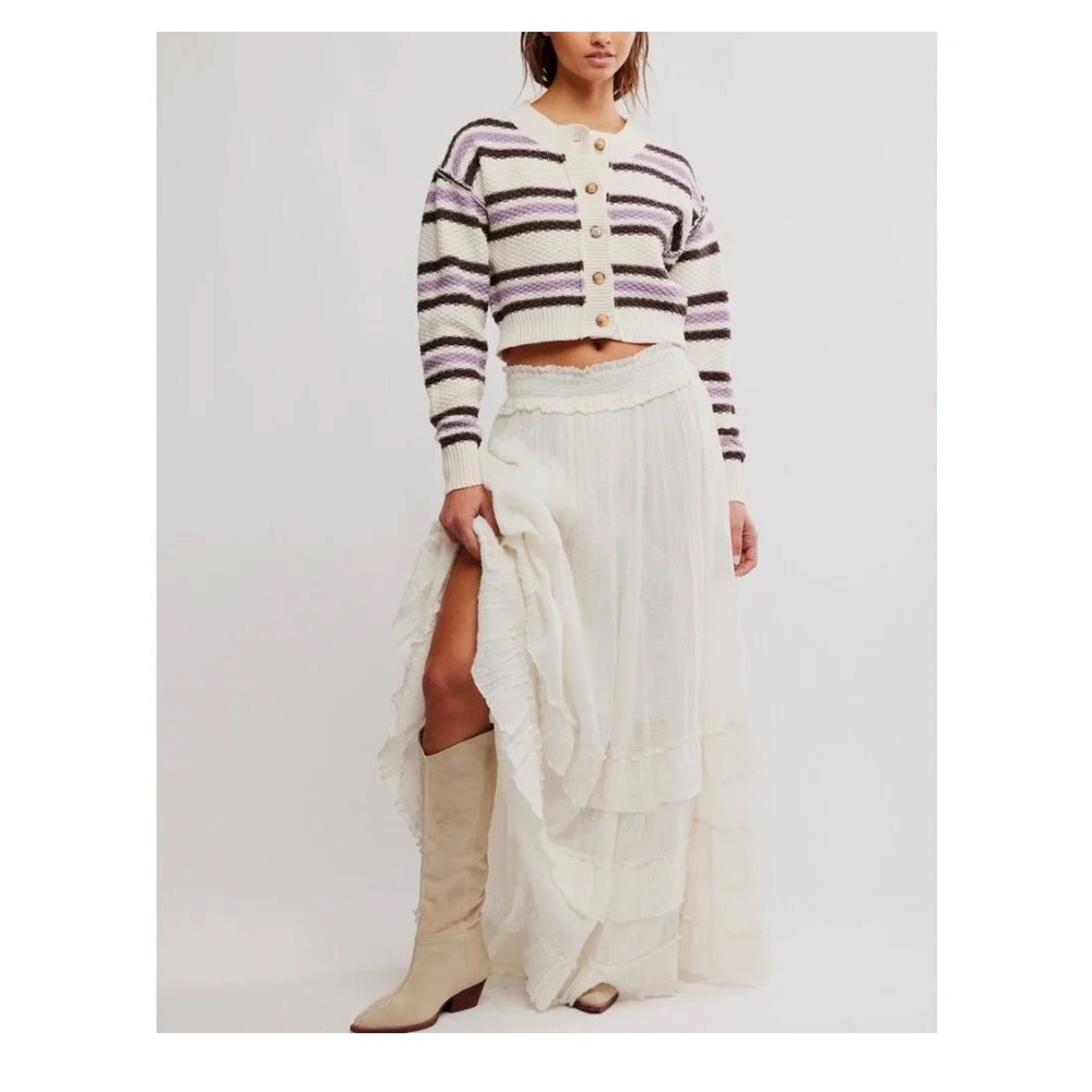 Free People Lila Stripe Cardi Women Large Ivory Cropped Boho Coastal Casual NWT